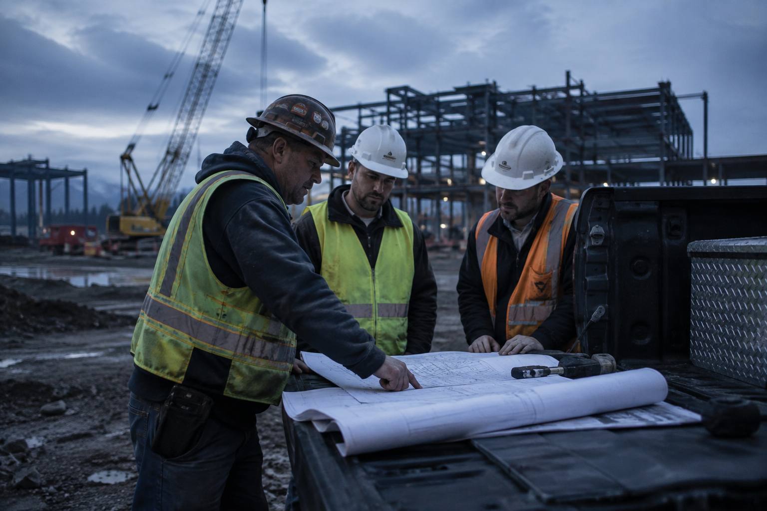 Superintendent and two project managers reviewing drawings on a job site at dawn