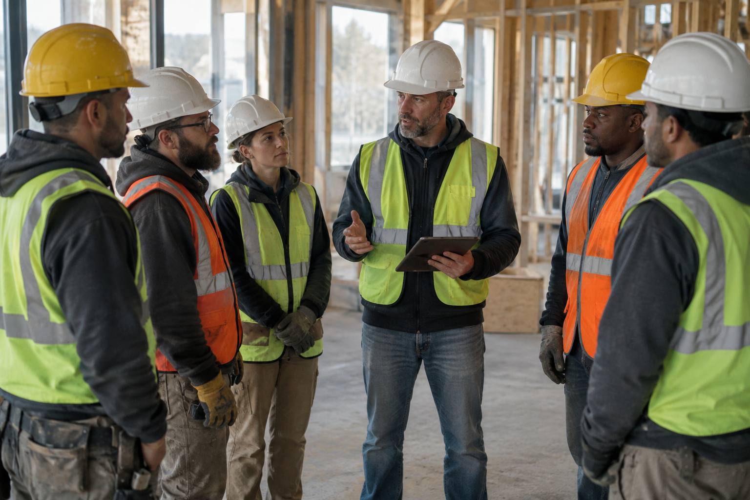 Foreman leading a pre-task safety huddle with his crew