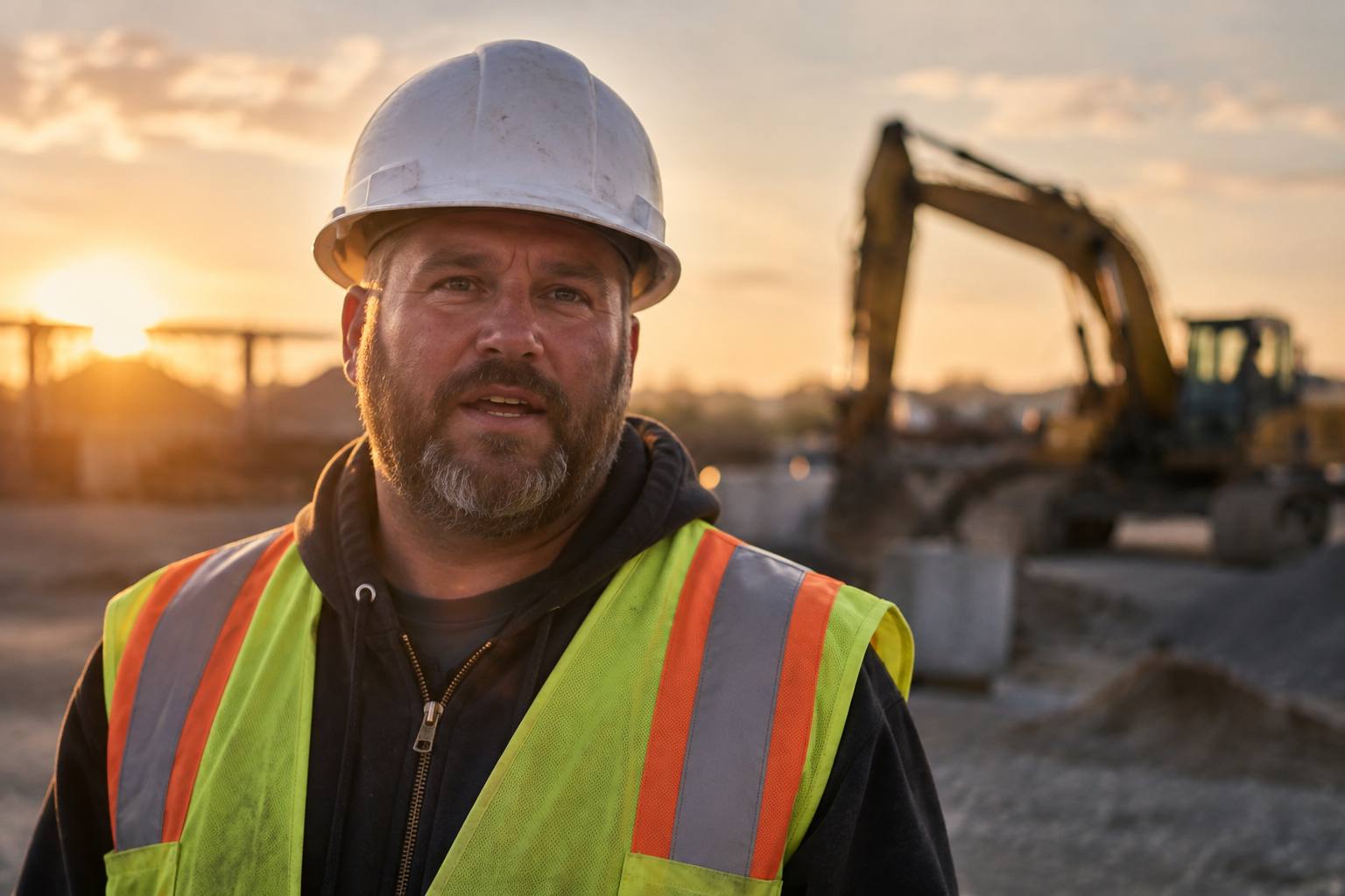 Construction foreman on a job site at golden hour